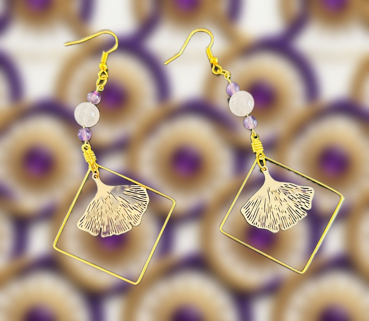Boucles d'oreilles "Éternité de Ginkgo" — Quartz Rose &amp; Améthyste