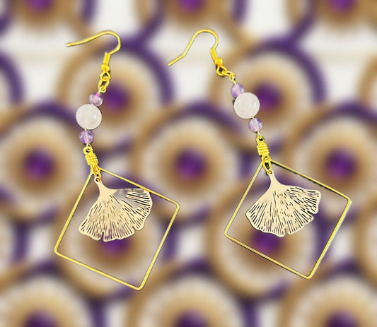 Boucles d'oreilles "Éternité de Ginkgo" — Quartz Rose &amp; Améthyste